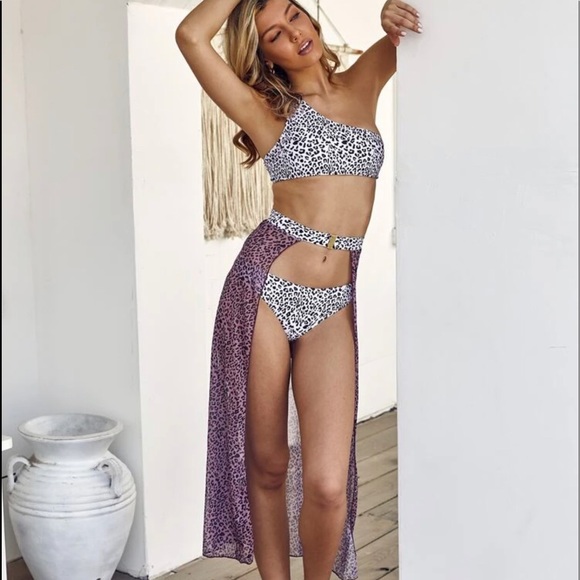 3-piece soft purple lavender swimming suit cover skirt bikini set - Picture 3 of 8